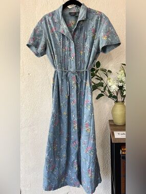 Light Blue Floral Midi Shirt Dress with Tie Waist